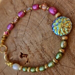 Freshwater Pearl Bracelet Pink, Green And Czech Glass Dahlia Flower Beach Summer